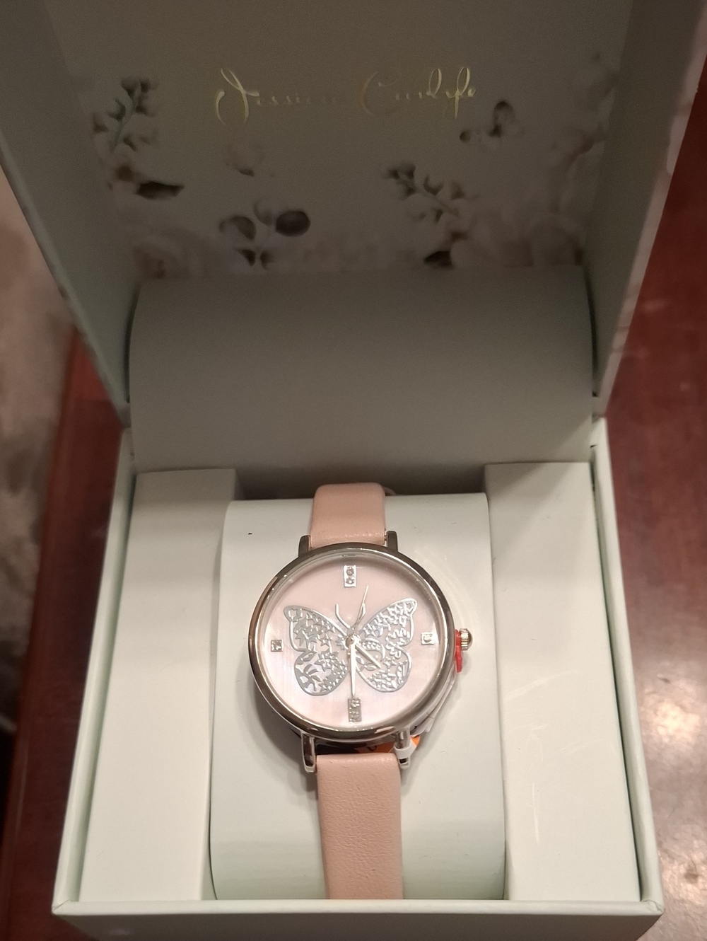 Jessica Carlyle Pink Butterfly Dial Watch with Pale Pink Leather Strap